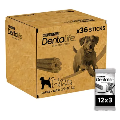 Purina Dentalife Daily Oral Care, x36 Sticks, Large/Maxi für Hunde 25-40 kg. Packung zeigt Produktabbildung und Grössenangabe.