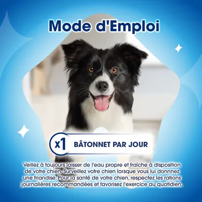 Conseil d’alimentation : 1 bâtonnet par jour. Veillez à toujours mettre de l’eau fraîche à disposition, surveillez le chien pendant qu’il mange, respectez la ration journalière recommandée et assurez-lui suffisamment d’exercice.