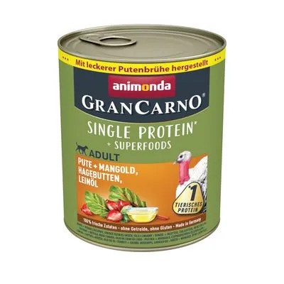 Blik animonda GranCarno Single Protein + Superfoods Adult, smaak: kalkoen, snijbiet, rozenbottel, lijnzaadolie. Tekst: 100% verse ingrediënten, zonder granen, zonder gluten, gemaakt in Duitsland.
