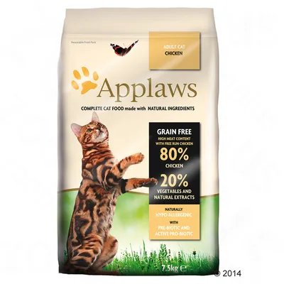 Applaws karma dla dorosłych kotów, kurczak. Grain free, 80% chicken, 20% vegetables and natural extracts, hypo-allergenic, pre-biotic, active pro-biotic, opakowanie 7,5 kg.