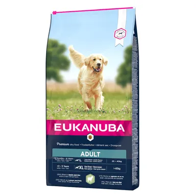 Eukanuba Adult hrană uscată pentru rase mari și foarte mari de câini, bogată în miel și orez cu turmeric. Potrivit pentru câini între 18 luni și 6 ani, greutate 25-40kg sau peste 40kg.