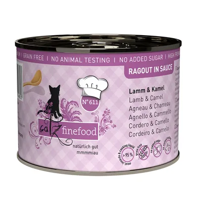 Catz Finefood No. 611 ragout in sauce, lamb & camel, grain-free, no added sugar, no animal testing, 95% meat content.