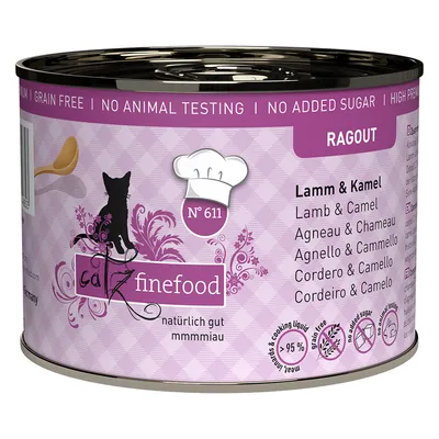 Catz Finefood Ragout č. 611, jehněčí a velbloud, bez přidaného cukru, bez testování na zvířatech, bez obilovin, 95 % podíl masa a vývaru.