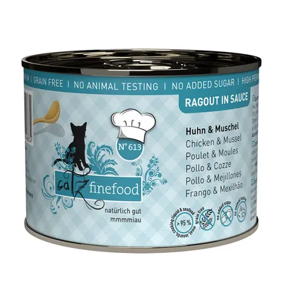 Catz Finefood No. 613 ragout in sauce, chicken & mussel, grain-free, no added sugar, no animal testing, 95% animal ingredients.