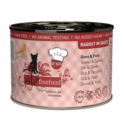 Catz Finefood No. 603 ragout in sauce, goose & turkey, no added sugar, grain-free, no animal testing, 95% meat content and cooking liquid.