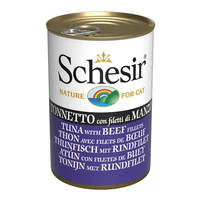 Schesir Nature for Cat, tonnetto con filetti di manzo. Testo multilingue: tuna with beef fillets, thon avec filets de boeuf, thunfisch mit rindfilet, atún con filetes de buey.