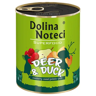 Dolina Noteci Superfood Deer & Duck mit Cranberry, Süsskartoffel und Birne. Grünes Dosen-Design mit Zutatenabbildungen.