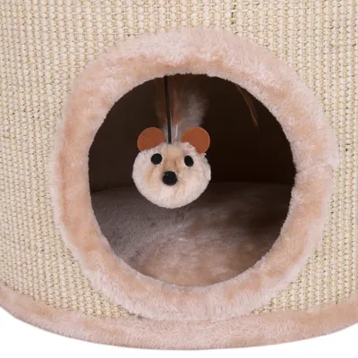Kattehule med rund åbning, beige plys-kant og indvendig hængende legetøjsmus. Yderside i vævet materiale, inderside blød pude.