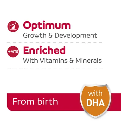 Optimum growth and development, enriched with vitamins and minerals, suitable from birth, with DHA.