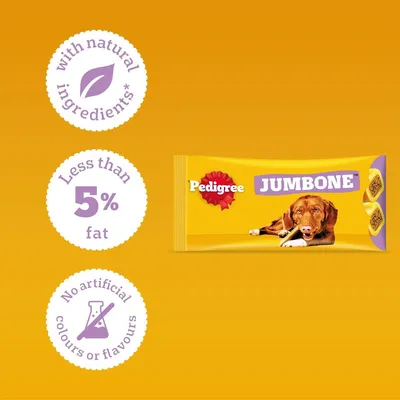Pedigree Jumbone. Made with natural ingredients, less than 5% fat, no artificial colours or flavourings.