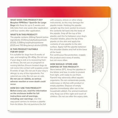 Product description for Beaphar FIPROtec Spot-On for Large Dogs, including usage instructions, ingredients, suitability, storage, disposal advice, and warnings. For external use only.