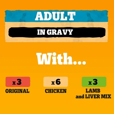 Adult in gravy selection with 3 original, 6 chicken, and 3 lamb and liver mix varieties.