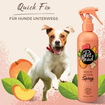Pet Head Quick Fix Dry Clean Spray brzoskwinia z olejem arganowym, 300ml. Tekst: "Quick Fix dla psów w podróży".