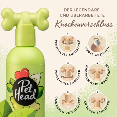 Pet Head Flasche mit überarbeitetem Knochenverschluss. Anleitung: Verschluss aufdrehen, Siegel abziehen, Verschluss zudrehen, Knochen nach oben ziehen, umdrehen und drücken, Knochen schliessen.