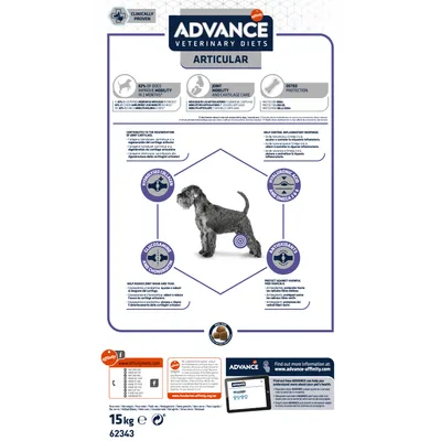 Advance Veterinary Diets Articular, 15 kg. Información sobre movilidad articular, colágeno hidrolizado, glucosamina, condroitina, antioxidantes, ácido hialurónico y omega 3.