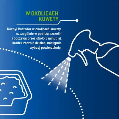 W OKOLICACH KUWETY. Rozpyl Bactador w okolicach kuwety, szczególnie w pobliżu szczelin i poczekaj przez około 5 minut, aż środek zacznie działać, następnie wytrzyj powierzchnię.