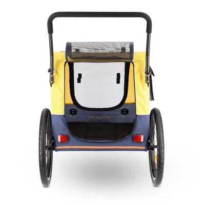 Yellow-blue bicycle trailer with two wheels, mesh window and reflective rear lights. Suitable for transporting pets or items.