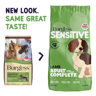 Burgess Sensitive Lamb Adult Complete packaging change shown, with text: 'New look. Same great taste!' and key features including healthy tummy, strong bones, shiny coat, and firm stools.
