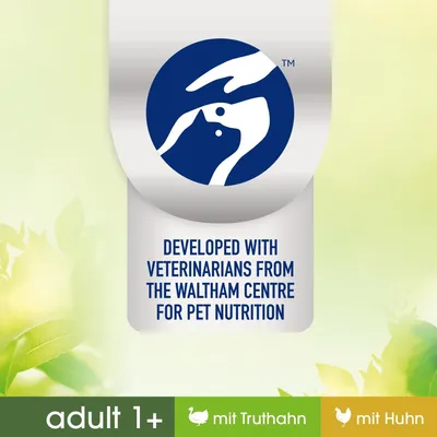 Texte en anglais : Developed with veterinarians from the Waltham Centre for Pet Nutrition. Bas de l’image : adult 1+, mit Truthahn, mit Huhn.