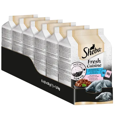 Sheba Fresh Cuisine, 6 x 50g vrećica s tunom i rižom. Ukupna težina: 1,8 kg. Taste of Tokyo Edition.