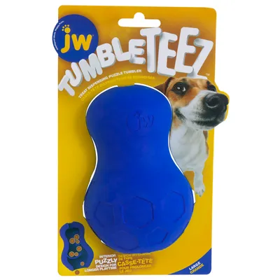 JW Tumble Teez, modrá hlavolamová hračka pro delší hraní. Velikost: Large. Obal zobrazuje psa a detaily produktu.