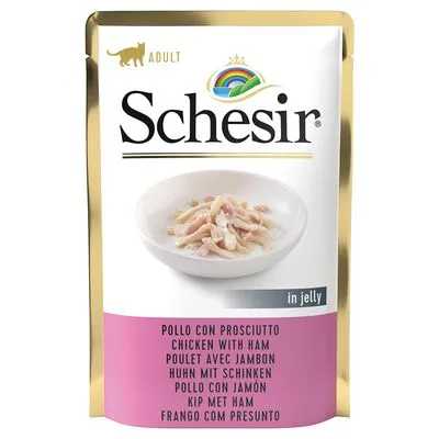 Schesir Adult kattenvoer in jelly, kip met ham. Tekst op verpakking: pollo con prosciutto, chicken with ham, poulet avec jambon, huhn mit schinken, kip met ham.