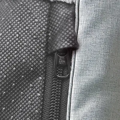 Närbild av en dragkedja med texten 'ZIP LON' på vadderat material med struktur.