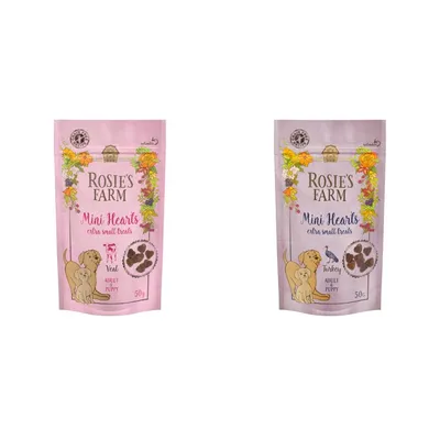 Rosie's Farm Mini Hearts extra small treats, 50g. Sorten: Veal und Turkey. Geeignet für Adult und Puppy.