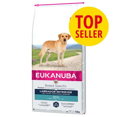 EUKANUBA Breed Specific Labrador Retriever Adult tørfoder, 12 kg pose. Stor gul cirkel med rød tekst: TOP SELLER. Synlig tekst: Premium dry food, Curly Coated / Chesapeake Bay Retrievers.