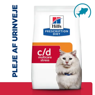 Hill's Prescription Diet c/d multicare stress kattefoder, tekst: PLEJE AF URINVEJE, fiskesymbol øverst til højre. Synlig emballage med kat. Hill's Prescription Diet c/d multicare stress kattefoder, tekst: PLEJE AF URINVEJE, fiskesymbol øverst til højre. Synlig emballage med kat.