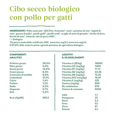 Cibo secco biologico con pollo per gatti. Ingredienti: pollo essiccato 20,5 %, frumento, mais, proteina di riso, ecc. Analisi: proteine 30 %, grassi 14 %, fibre 2,6 %. Kcal/kgME 365,5.