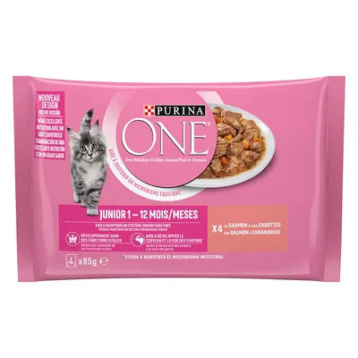 Purina ONE Junior 1-12 Monate, Nassfutter mit Lachs und Karotten, 4x85g. Unterstützt Immunsystem, gesunde Entwicklung und Gehirnfunktion von Kätzchen.