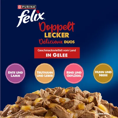 Jumbopack Felix "So gut wie es aussieht" Gelee 120 x 85 g - Doppelt lecker (Rind & Geflügel, Truthahn & Leber, Huhn & Niere, Ente & Lamm) Jumbopack Felix "So gut wie es aussieht" Gelee 120 x 85 g - Doppelt lecker (Rind & Geflügel, Truthahn & Leber, Huhn & Niere, Ente & Lamm)