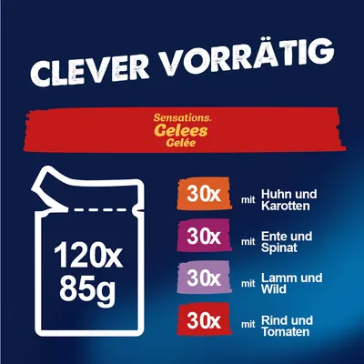 Jumbopack Felix "Sensations" Pouches 120 x 85 g - Geschmacksvielfalt vom Land (Rind, Huhn, Ente & Lamm) Jumbopack Felix "Sensations" Pouches 120 x 85 g - Geschmacksvielfalt vom Land (Rind, Huhn, Ente & Lamm)