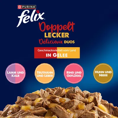 Felix "Doppelt lecker - so gut wie es aussieht" Pouches 24 x 85 g - Rind & Geflügel, Lamm & Kalb, Huhn & Niere, Truthahn & Leber Felix "Doppelt lecker - so gut wie es aussieht" Pouches 24 x 85 g - Rind & Geflügel, Lamm & Kalb, Huhn & Niere, Truthahn & Leber