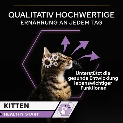 Qualitativ hochwertige Ernährung an jedem Tag. Unterstützt die gesunde Entwicklung lebenswichtiger Funktionen. Kitten Healthy Start.