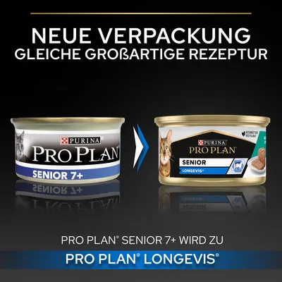 Texte en allemand : Neue Verpackung, gleiche großartige Rezeptur. PRO PLAN Senior 7+ wird zu PRO PLAN LONGEVIS. Deux boîtes Purina Pro Plan pour chat senior, ancien et nouveau design.
