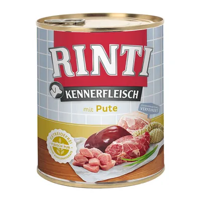 Konzerva Rinti Kennerfleisch mit Pute, prikaz mesa i iznutrica na etiketi. Vidljiv tekst: Getreidefrei, Fleisch pur, ohne Kohlenhydrate, Zusammensetzung verfeinert.