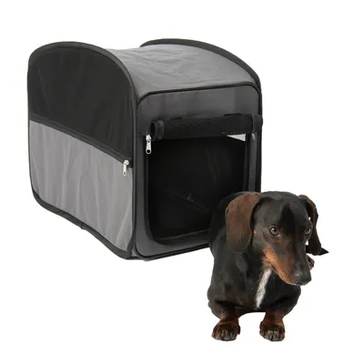 Trasportino grigio con finestre a rete e cerniere, accanto un piccolo cane nero. Box aperto, adatto al trasporto di pet.