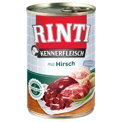 Scatola di cibo per cani Rinti Kennerfleisch mit Hirsch. Testo visibile: getreidefrei, fleisch pur, ohne kohlenhydrate, zusammenstellung verfeinert. Immagine di carne sul fronte.