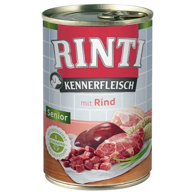 RINTI Kennerfleisch mit Rind Senior dåse, synligt kød og indmad på etiketten, tekst: fettreduziert, getreidefrei, ballaststoffe. Tysk tekst på emballagen.