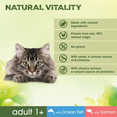 NATURAL VITALITY. Made with natural ingredients, protein from min. 95% animal origin, no grains, with yeast a natural source of B-vitamins, with chicory extract a natural source of prebiotics. adult 1+ with Ocean Fish, with Salmon.