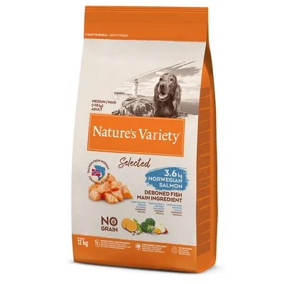 Sac de croquettes Nature’s Variety Selected pour chien adulte moyen/grand (+10 kg), saumon norvégien 3,6 kg, sans céréales, poids net 12 kg, poisson désossé ingrédient principal.