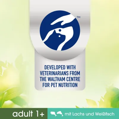 Developed with veterinarians from the Waltham Centre for Pet Nutrition, adult 1+, mit Lachs und Weißfisch.