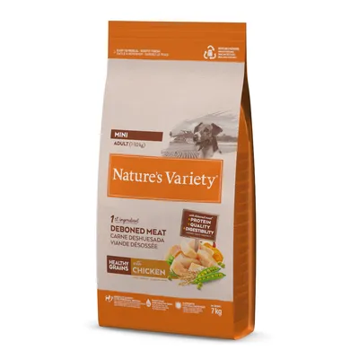 Nature's Variety Mini Adult (1-10 kg) med urbenat kött, hälsosamma spannmål och kyckling. Förpackning 7 kg. Protein, kvalitet, smältbarhet framhävs.