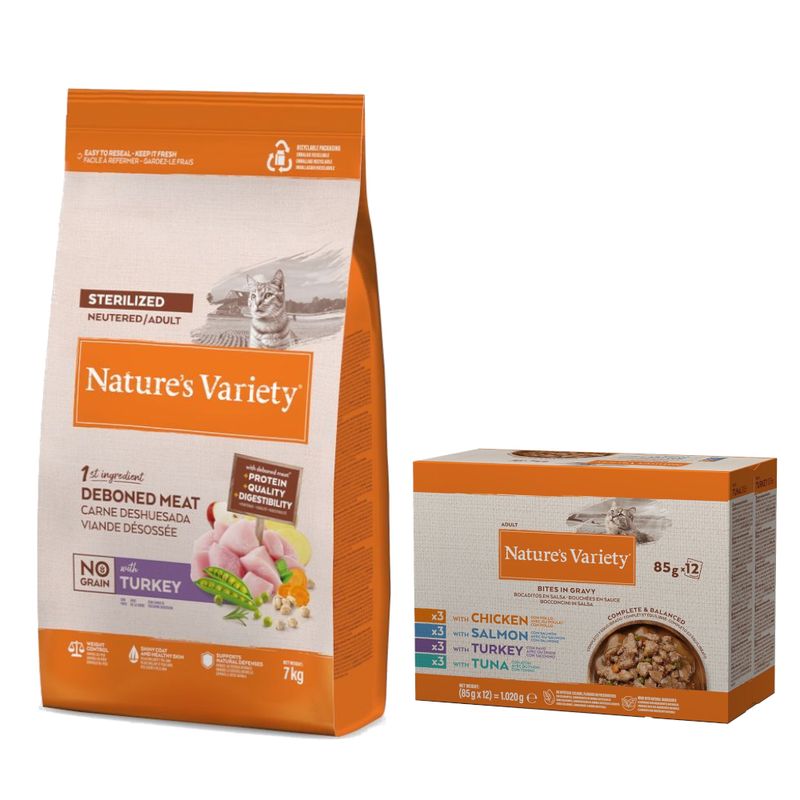7 кг Nature's Variety + Nature's Variety Bites Mix (4 сорта) в соусе 12 x 85 г в подарок!