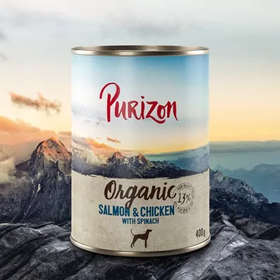 Purizon Organic Salmon & Chicken mit Spinat, 400g Dose, 13% hochwertige Zutaten. Hundesymbol auf der Verpackung sichtbar.