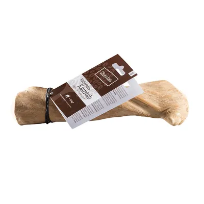 Oberlies Kaffeebaum Kaustab Grösse S, natürliches Holzspielzeug für Hunde. Verpackung mit Produktinformationen sichtbar.