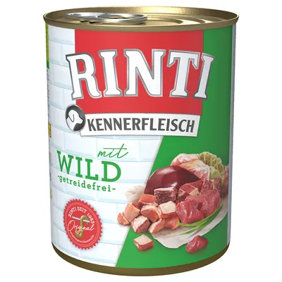RINTI Kennerfleisch mit Wild -getreidefrei- koiran märkäruokasäilyke, kannessa avausrengas, etiketissä lihapaloja ja maksa. Teksti saksaksi.