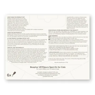 Instructions and warnings for Beaphar VETOpure Spot-On for Cats, including usage directions, ingredients, application rate, storage advice, and statutory conditions for use against fleas.